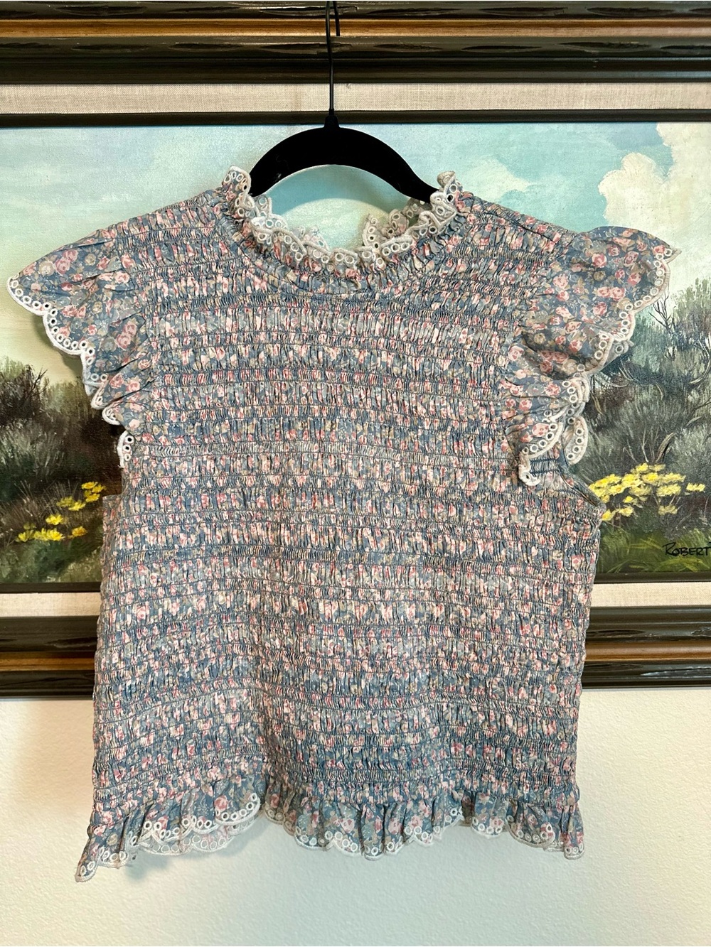Sezane Liorane Smocked Ruffle Top in Blue-Pink Floral - Picture 4 of 5